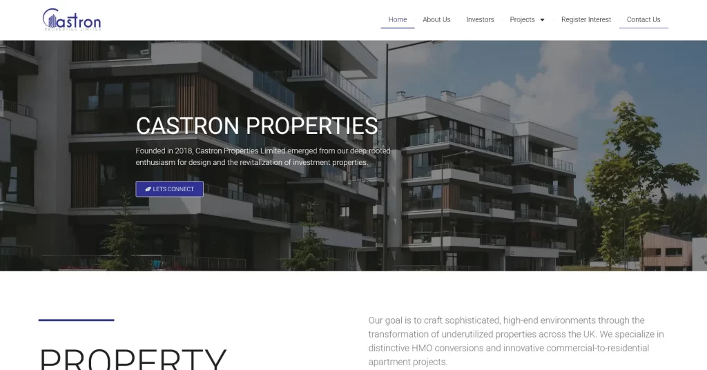 Castron Properties real estate website screenshot featuring property listings, structured navigation, and responsive design.